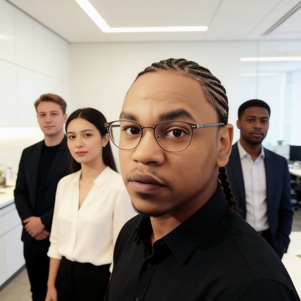 A small web design team standing together in a bright office